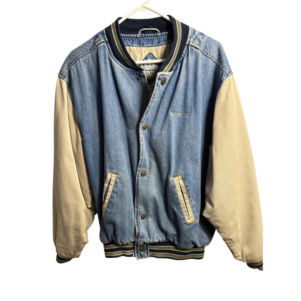 Vintage Gear For Sports Volvo Denim Varsity Jacket Blue Tan Mens Small
